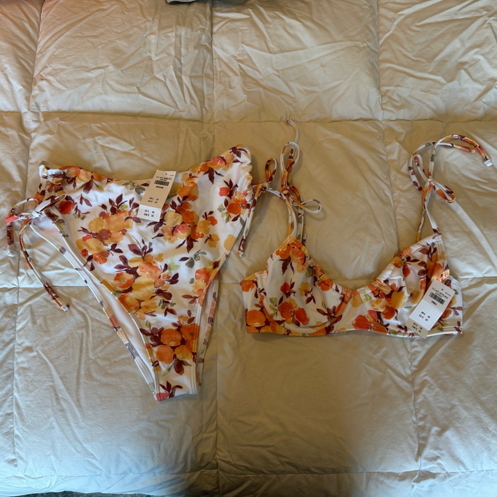 Abercrombie Floral Two-Piece Bikini Set in White with Orange & Yellow Flowers